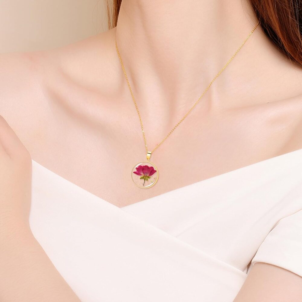 Rose Pressed Flower Necklace, Personalized Gold Handmade Necklace, June Birth Flower Necklace for Women, Unique Resin Flower Necklace, Valentine’s Day Gift - Image 5