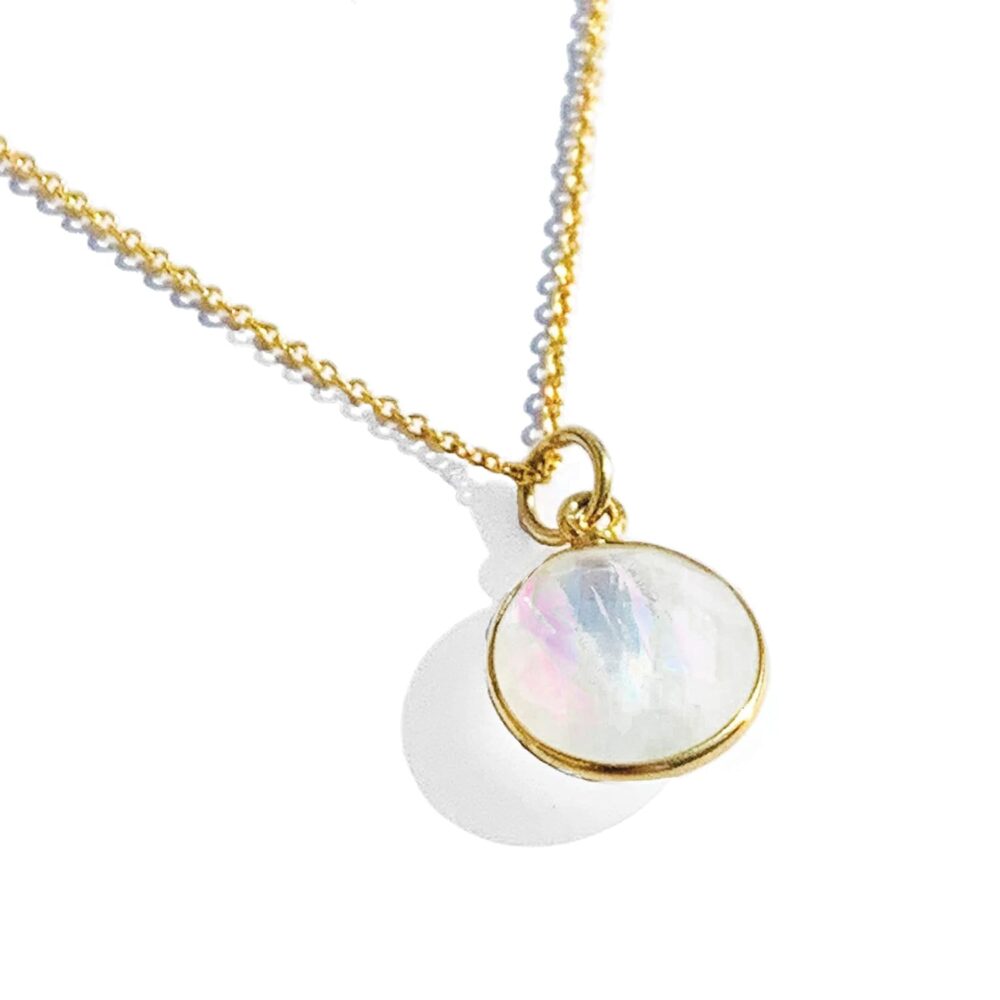 Moonstone Artisan Pendant Necklace, Round White Gemstone, 18K Gold Silver 925 Jewelry, Layering Necklaces, June Birthstone Gift