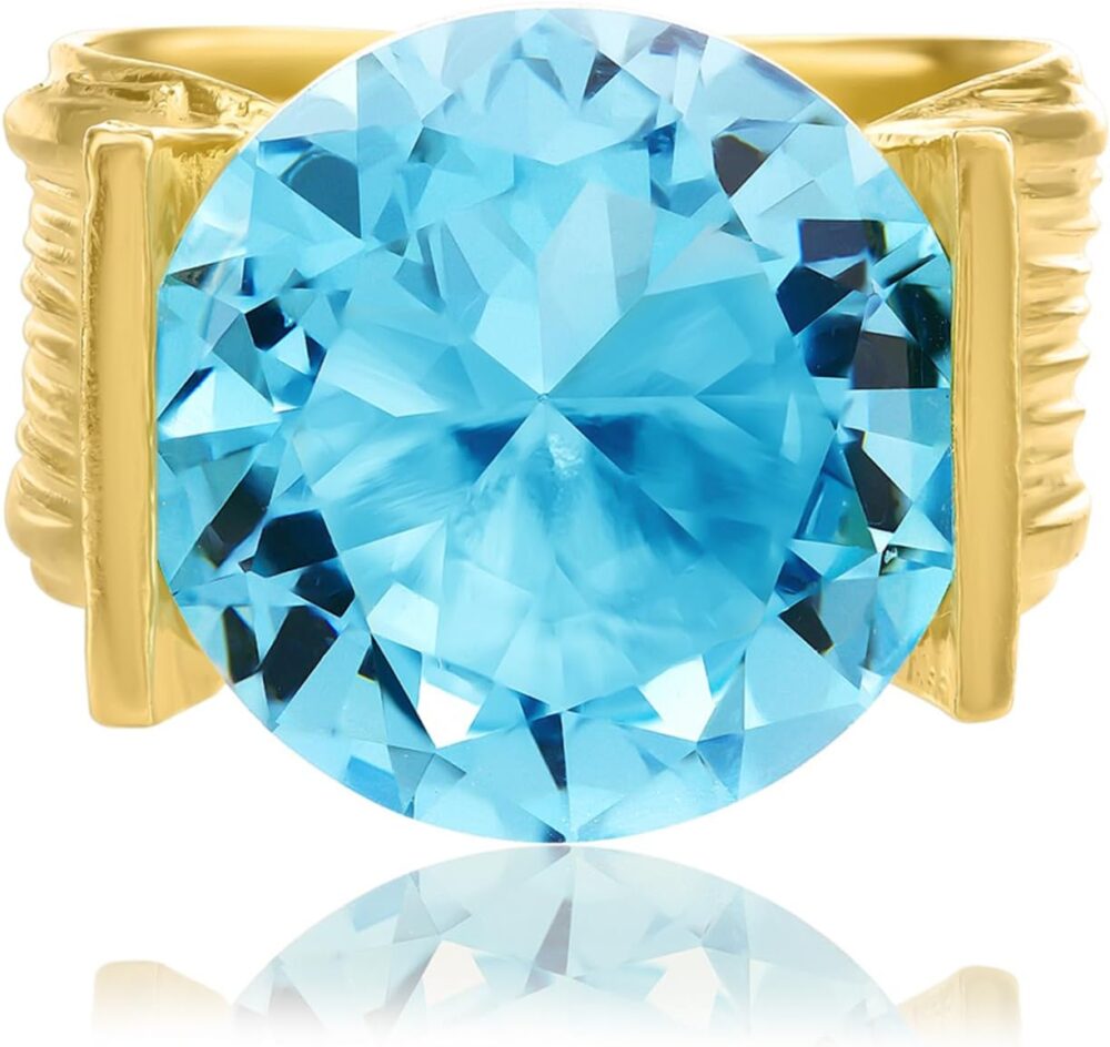 14K Gold Over Sterling Silver Statement Rings With 11.75 TCW Aquamarine Cubic Zirconia, Textured Ring, Dainty Gold Rings, Gifts For Women, Aesthetic Jewelry, Rings For Women, Gold Jewelry For Women - Image 3