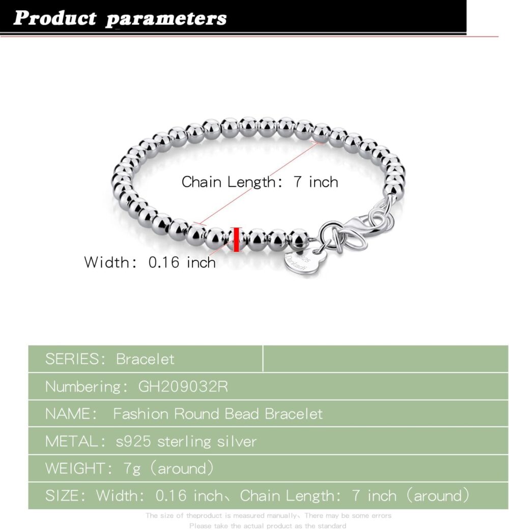 Women 925 Sterling Silver Round Bead Bracelet Minimalist 4-6MM 13-21CM Bell and Heart Pendant Prayer Beads Link Chain Bracelet Men Girl Teens Charm Jewelry Gift - Image 3