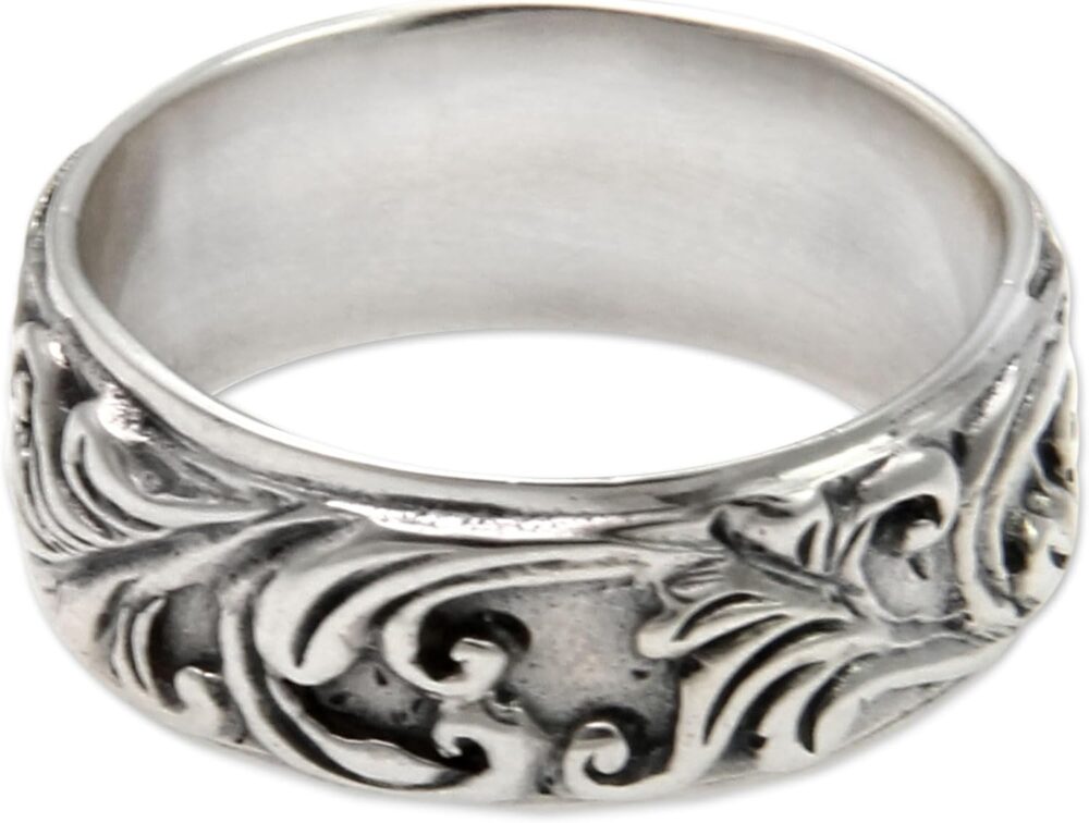 Handmade Sterling Silver Leaf Tree Band Ring - 8mm Width - Flourishing Foliage