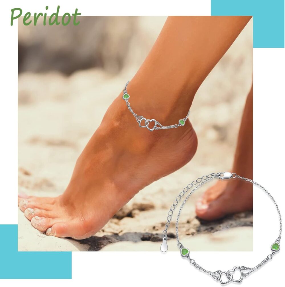 Dorunmo Anklet/Bracelet for Women 925 Sterling Silver Birthstone Jewelry Cubic Zirconia Double Heart Chain Gifts for Mom Wife Friend Bride Valentine's Day Christmas Birthday Mother's Day Gift - Image 3