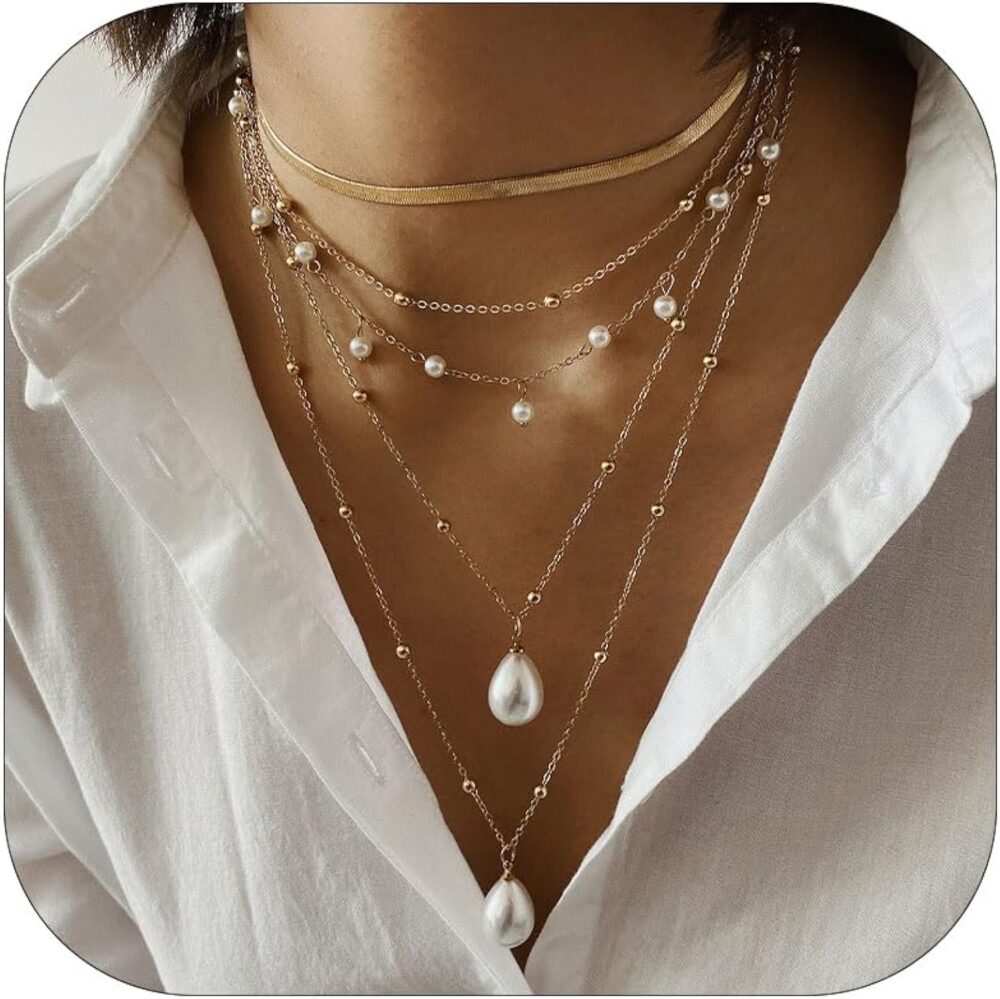 Gold Necklace for Women Trendy Layered Necklaces Set Boho Turquoise Beaded Necklace Long Coin Pendant Necklace Pearl Chain Choker Necklaces Rhinestone Tennis