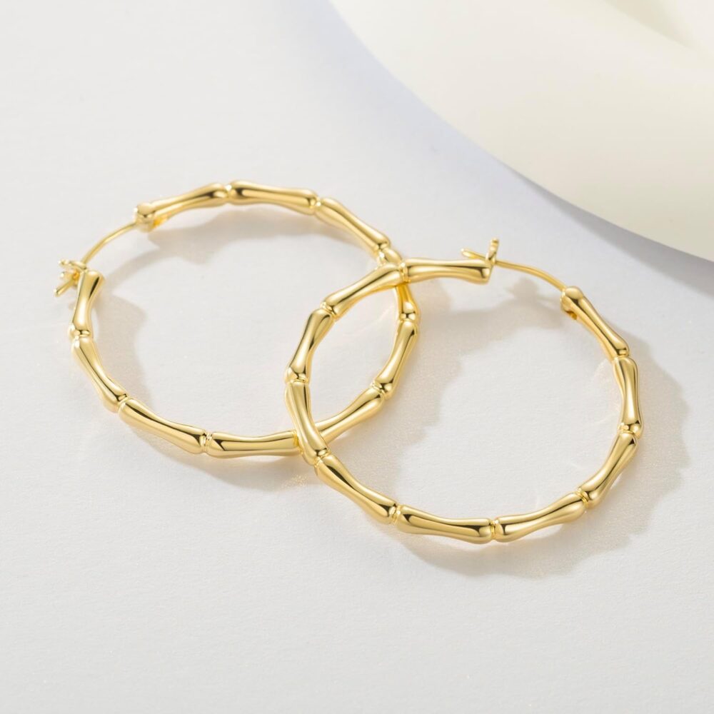 SANDRA REDD Gold Hoop Earrings 14K Gold Hoop Earrings for Women Large Women’s Hoop Earrings Thick Bamboo Joint Design Gold Bamboo Hoop Earrings for Women 34mm*2mm - Image 4