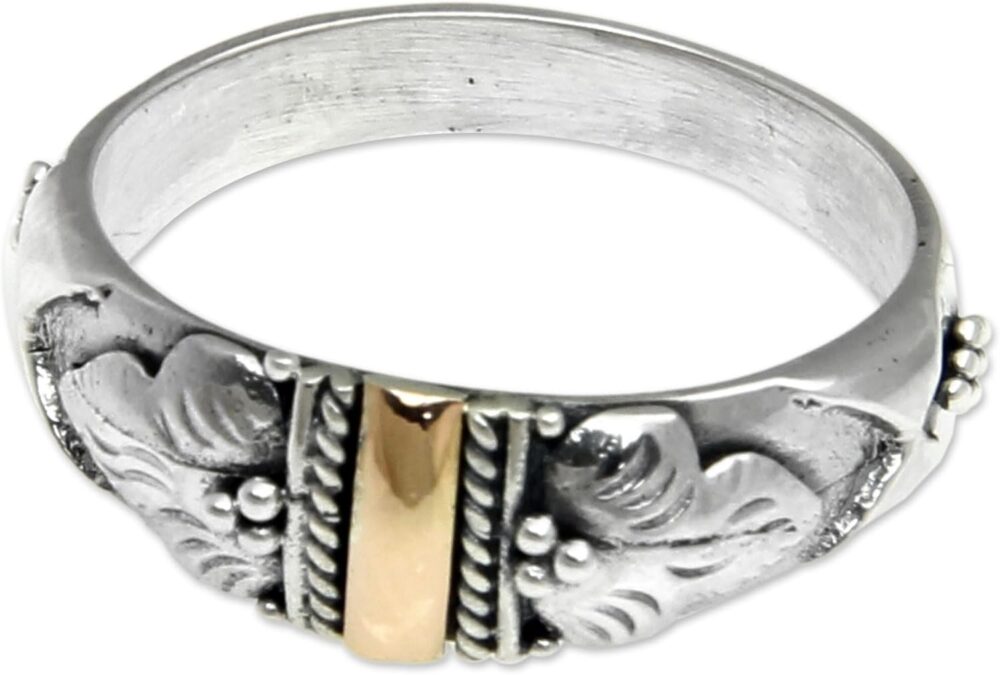 NOVICA Artisan Handmade 18k Gold Accent Band Ring Silver Sterling Indonesia Floral 'Frangipani Aura'