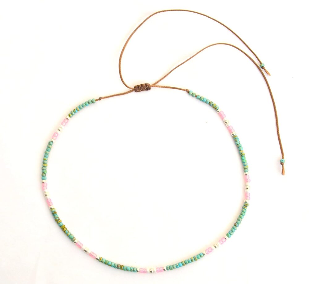 Beaded Choker Necklace for Women and Teen Girls, Adjustable Thin Turquoise and Pink Colorful Dainty Seed Beads Necklace, Handmade Boho Bohemian Hippie Jewelry by Tribes (Turquoise-pink) - Image 4