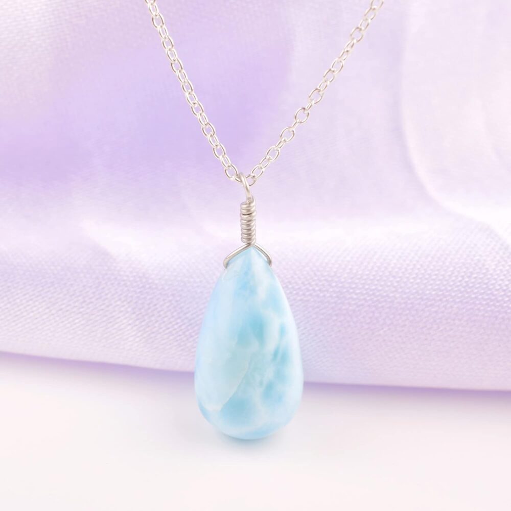 Natural Larimar Necklace Pendant Rhodium Plated 925 Sterling Silver, Teardrop Gemstone Necklace, Artisan Pendant, Silver Jewelry, Silver Wire, Dainty Pendant, Gift Her - Image 3