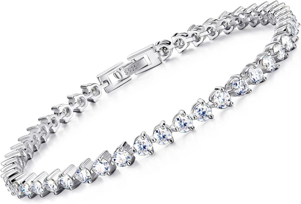 Moissanite Sterling Silver Tennis Bracelet: White Gold Plated 925 Silver Chain - Gold Prong Setting Sparkling VVS1 Solitaire Birthday Valentine's Day Wedding Brides Christmas Jewelry Gift Teen Girl Women