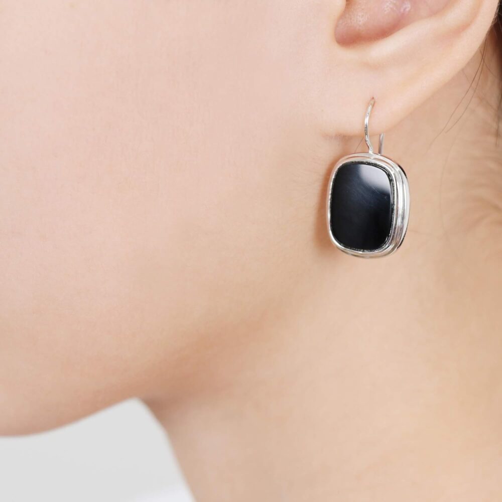 Sterling Silver Black Onyx Square Cushion 16.7x13.3 mm Earrings Art Deco Statement for Women - Image 2