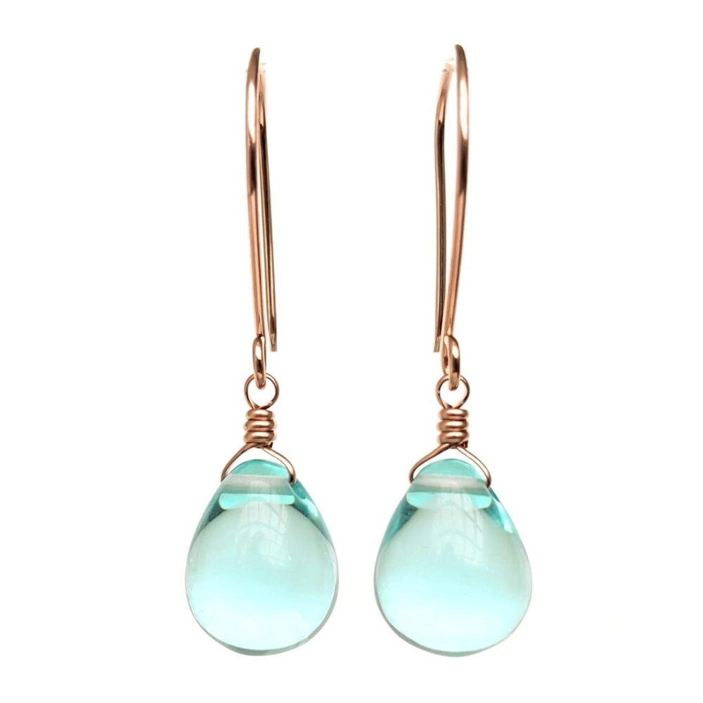 Sky Blue Glass Drop Dangle Earrings, Rose Gold-Filled Handmade