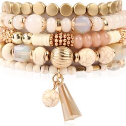RIAH FASHION Bohemian Mix Bead Multi Layer Versatile Statement Bracelets - Stackable Beaded Strand Stretch Bangles Sparkly Crystal, Tassel Charm