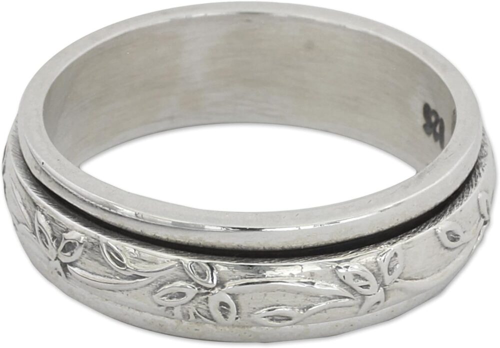 Handmade Sterling Silver Meditation Spinner Ring with Leaf Motifs - Indian Tree Band