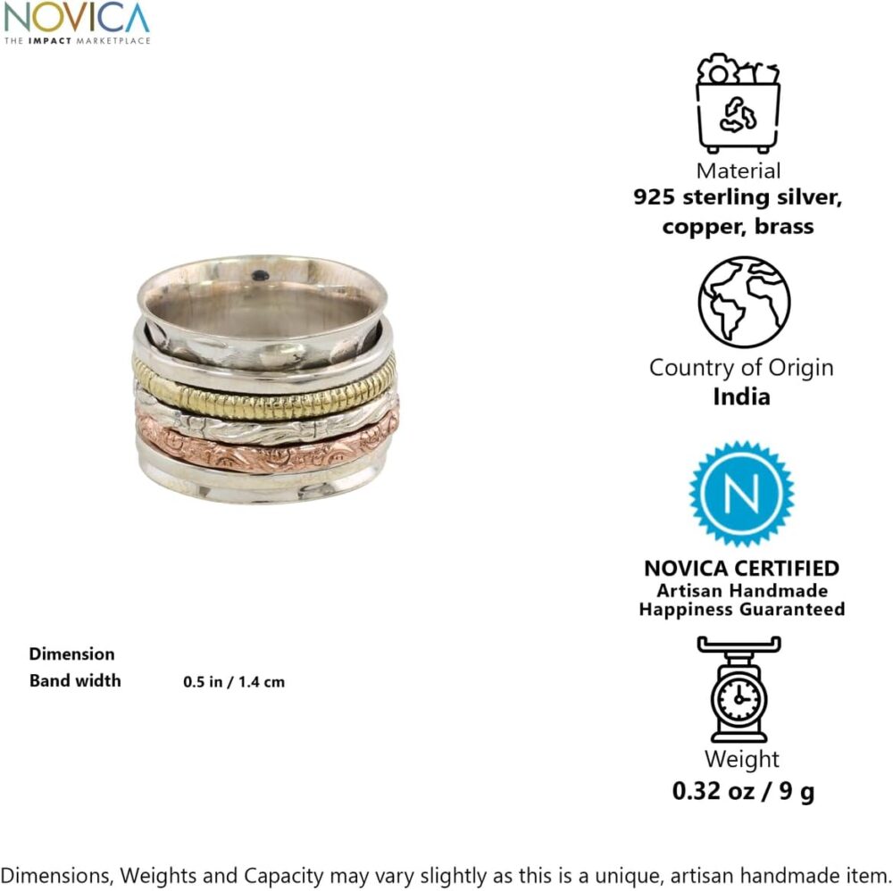 NOVICA Artisan Handmade Sterling Silver Meditation Spinner Ring Copper Brass Textured No Stone India Bohemian [band Width 14 mm W] 'Five Senses' - Image 4