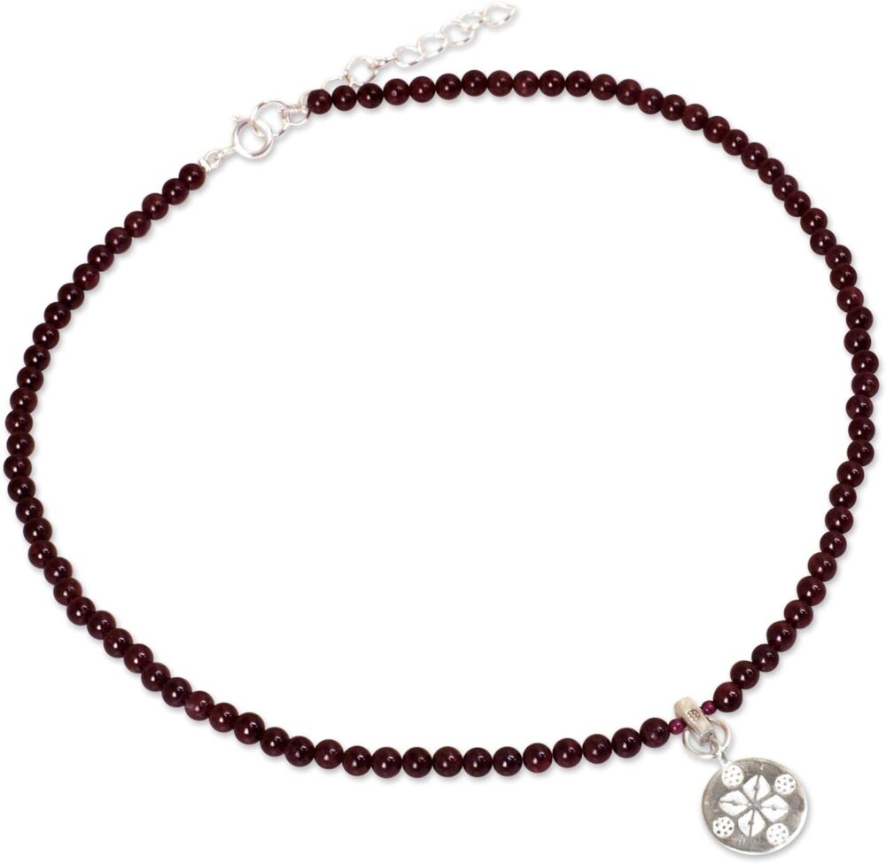 Handmade Garnet Pendant Necklace | Sterling Silver Choker | Red Beaded Thailand Birthstone - Image 2