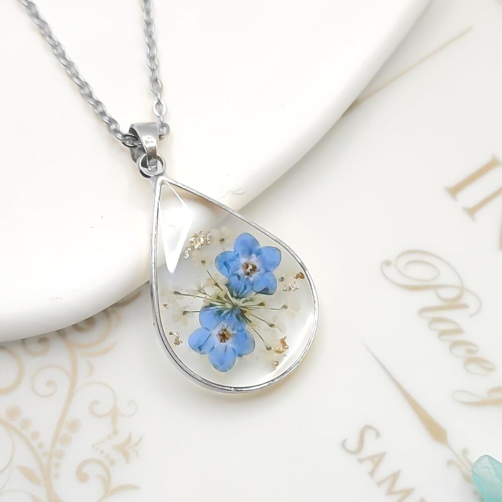 Forget Me Not and Queen Anne's Lace Pressed Flower Necklace,Handmade Silver Pressed Flower Necklace,Personalized Resin Birth Flower Necklace for Women,Flower Gifts for Birthday,Party, Christmas(18’’) - Image 2