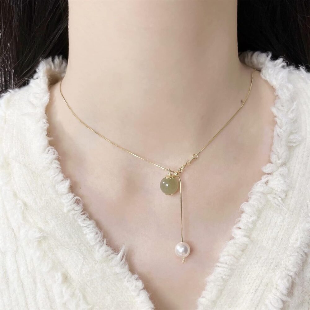 Real Natural Hetian Jade Necklace for Women Girl, Handmade Crystal Pearl Green Jade Necklace Choker Pendant as Gift for Friends, Mother, Lover (925 Sterling Silver with Real Gold Plated) - Image 5