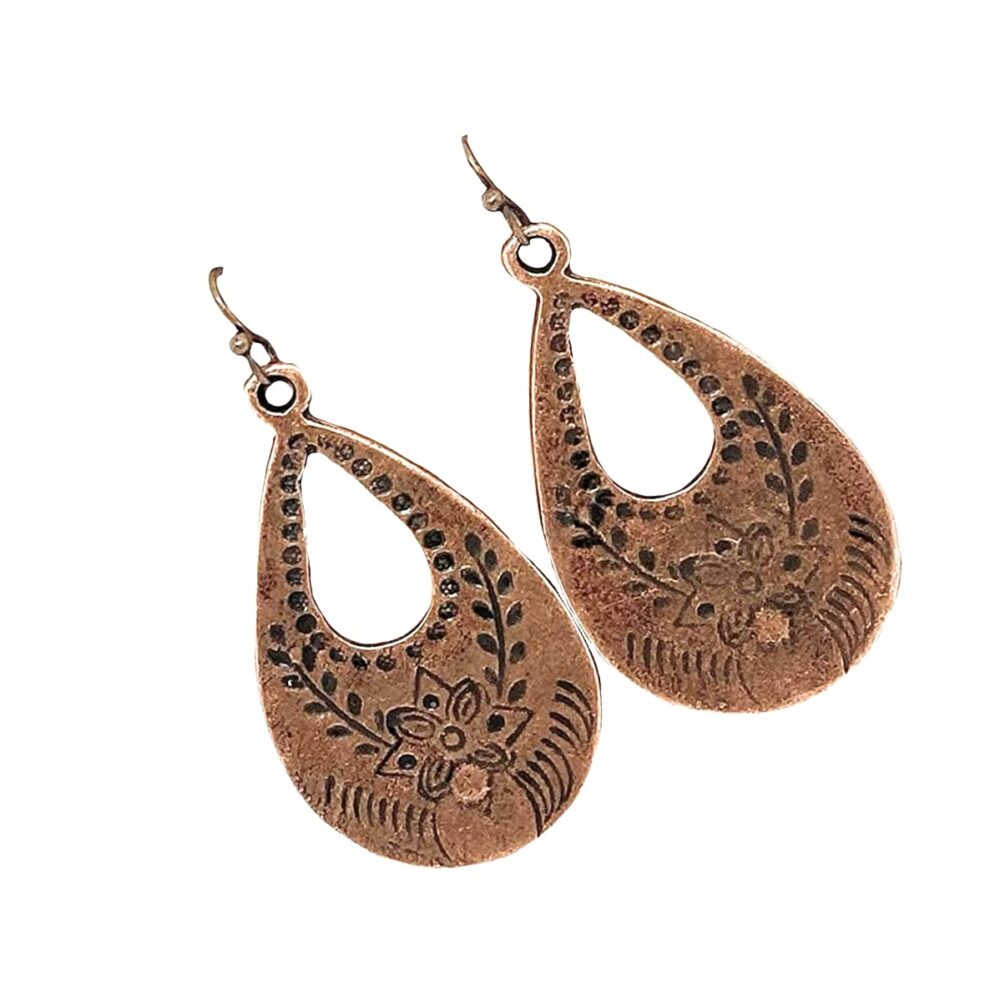 Floral Stamped Teardrop Dangle Copper Earrings