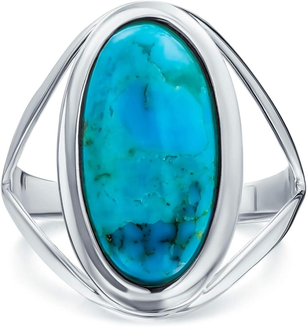 Simple Southwest Boho Style Large Dome Oval Cabochon Gemstone Bezel Set Blue Turquoise Western Statement Ring For Women Split Band .925 Sterling Silver