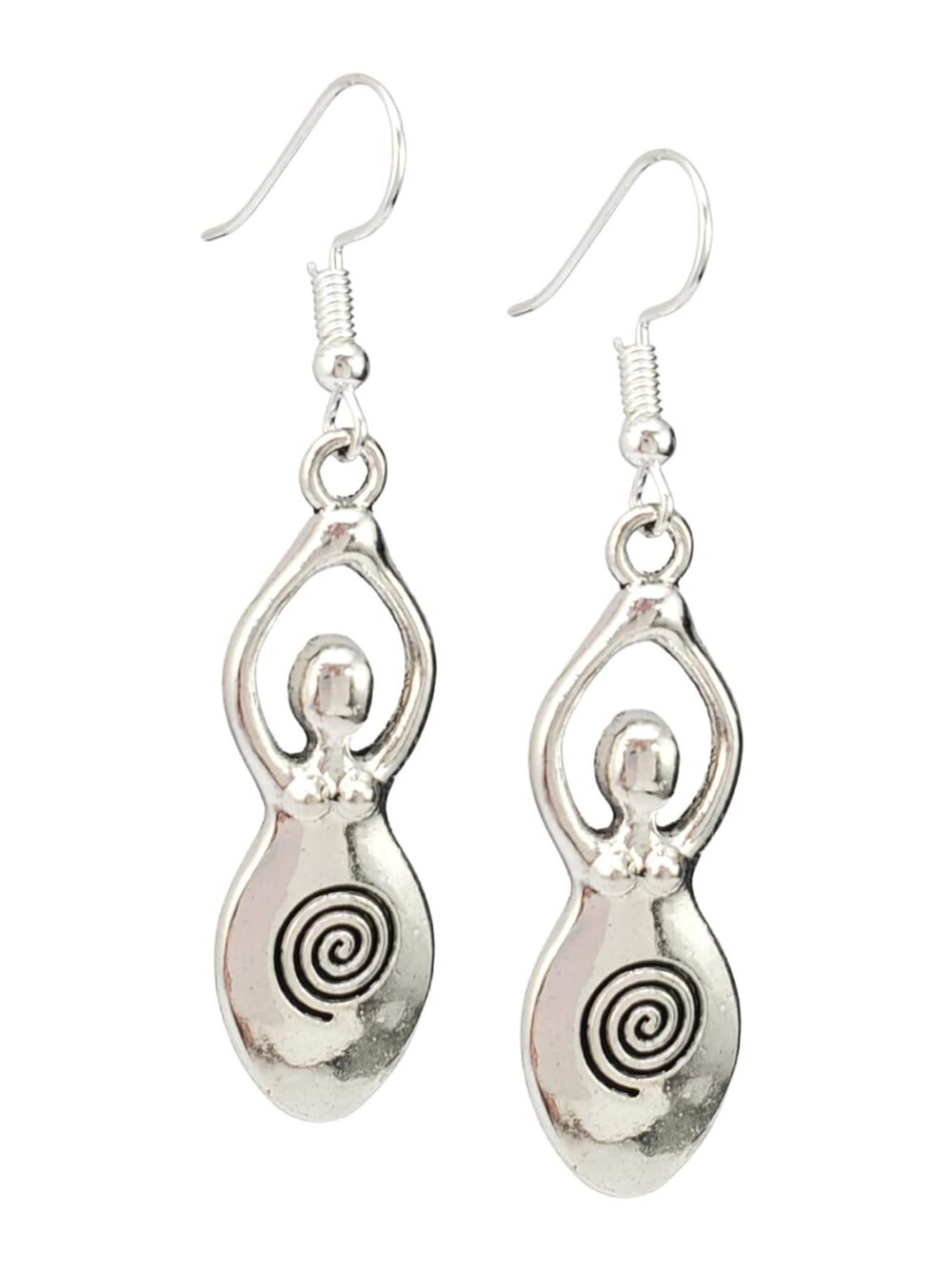 Spiral Fertility Goddess Silver Dangle Earrings - Handmade Antique Tone