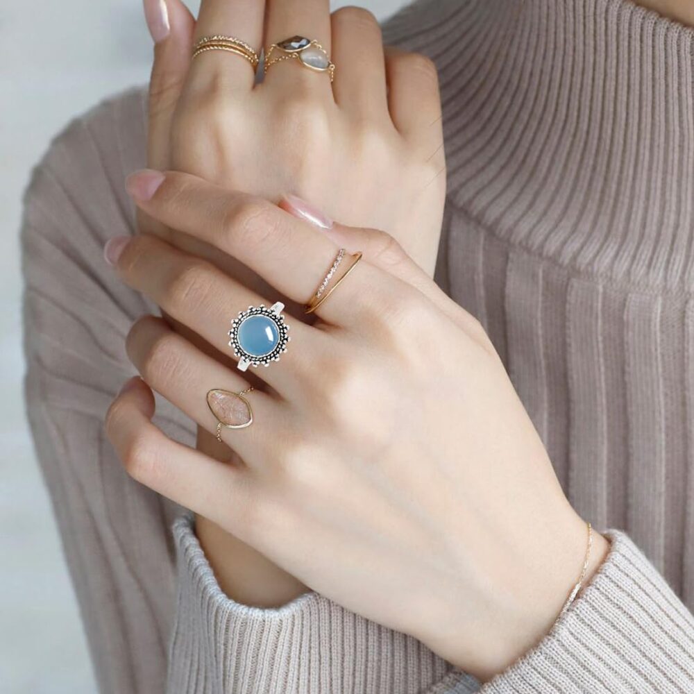 Retro Natural Blue Aquamarine Stone Ring,Antique Vintage S925 Sterling Silver Real Genuine Crystal Quartz Gemstone Boho Bohemian Statement Ring for Women Her (A03_Blue Aquamarine Stone, 6) - Image 5