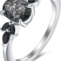 Natural Black Rutilated Quartz Engagement Ring 1.5CT Oval 6x8mm Women's Rings Minimalist Rings Wedding Rings Platinum Plated 925 Sterling Silver Women's Promise Ring.