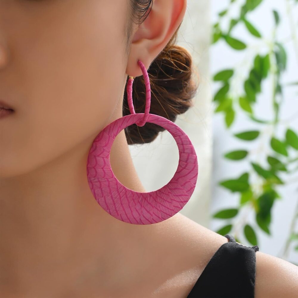 Exclusive Pink Handmade Earrings, Silk Fine Fabric Wrapped Hoop Boho Earrings for Women, Bohemian Style Exaggerated Loop Earrings, Drop And Dangle Earring, Bright, Flamboyant - Image 6