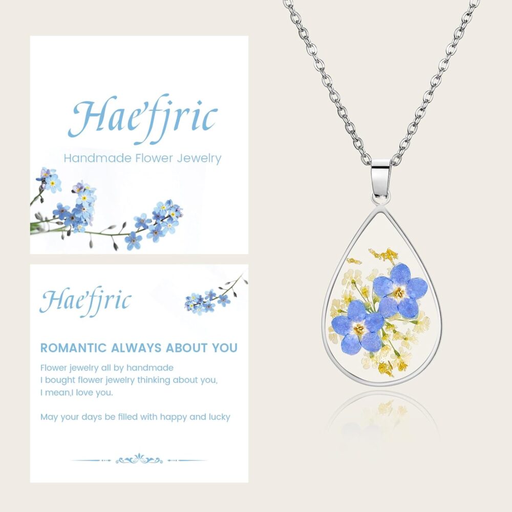 Forget Me Not and Queen Anne's Lace Pressed Flower Necklace,Handmade Silver Pressed Flower Necklace,Personalized Resin Birth Flower Necklace for Women,Flower Gifts for Birthday,Party, Christmas(18’’) - Image 6