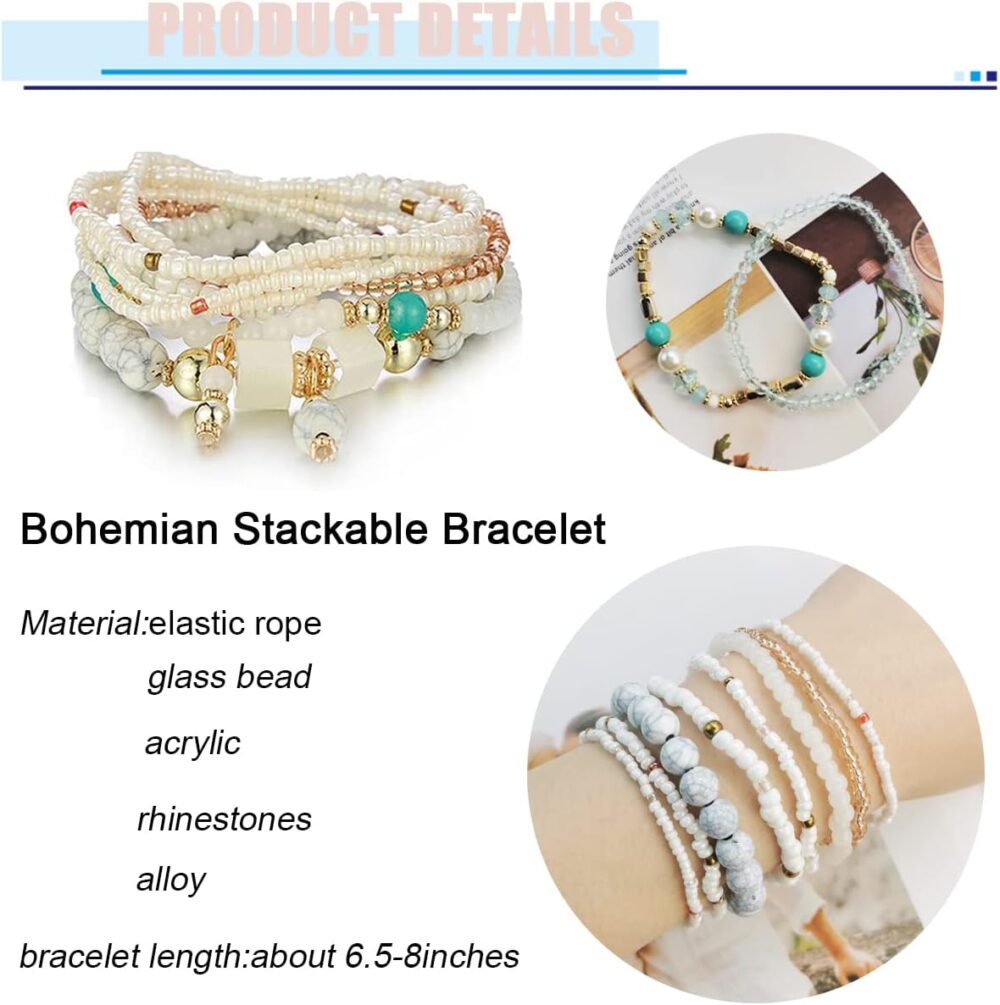 8 Sets Bohemian Stackable Bead Bracelets for Women Bohemian Bracelets Stretch Multi Layered beads Bracelet Set Boho Multicolor Jewelry - Image 3