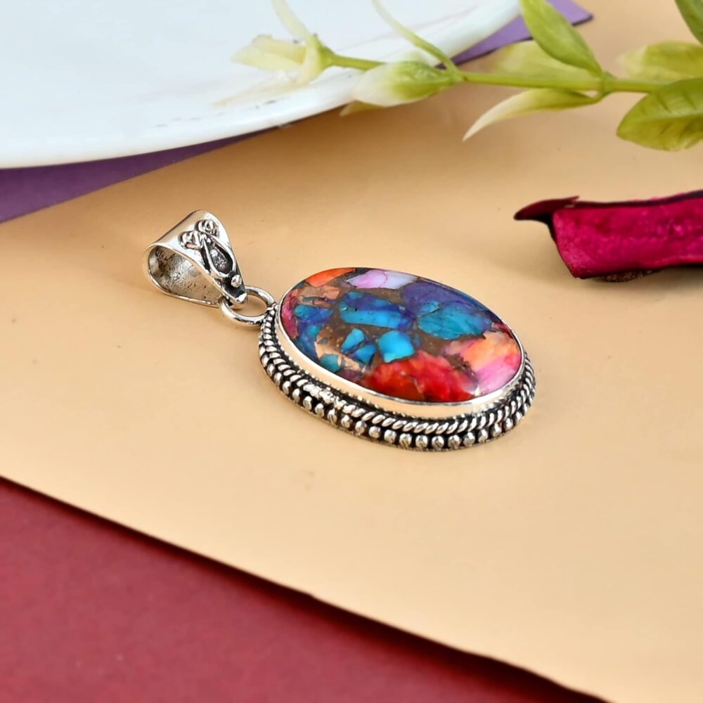 925 Sterling Silver Bohemian Pendant Necklace for Women with Oval Shape Multi Turquoise Gemstone - Image 5