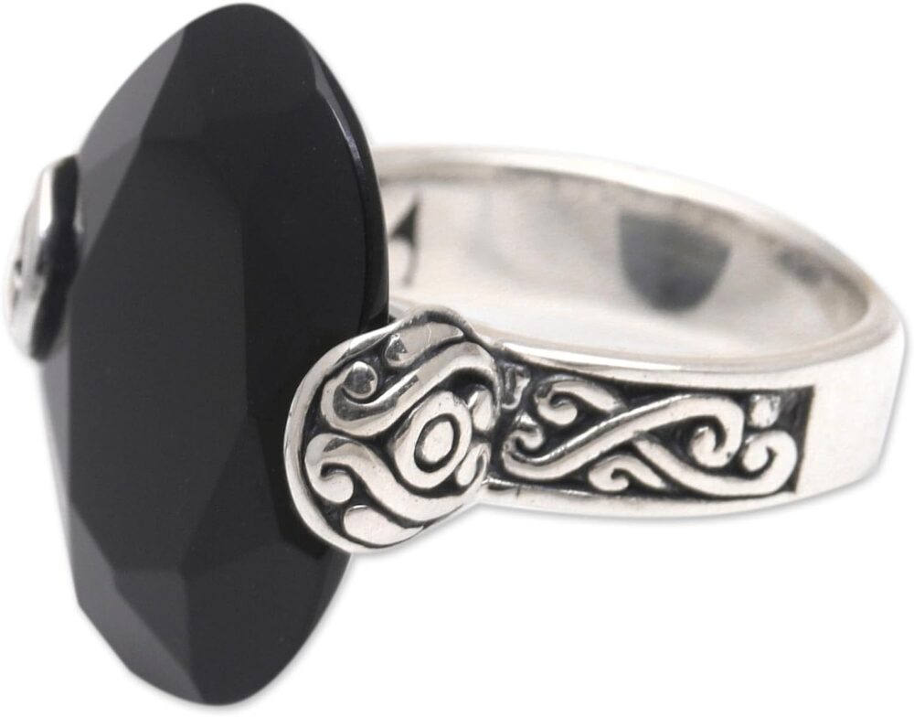 NOVICA Artisan Handmade Onyx Cocktail Ring Oval .925 Sterling Silver from Bali Red Single Stone Indonesia Birthstone 'Mysterious Oval' - Image 2