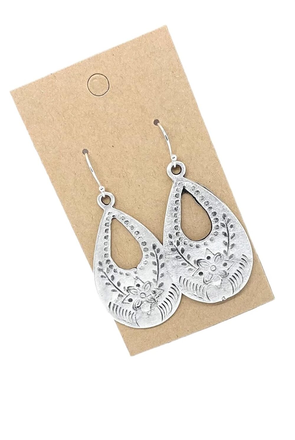 Antique Silver Floral Stamp Teardrop on Sterling Silver Earrings Boho Women Handmade Sundance Dreams Designs