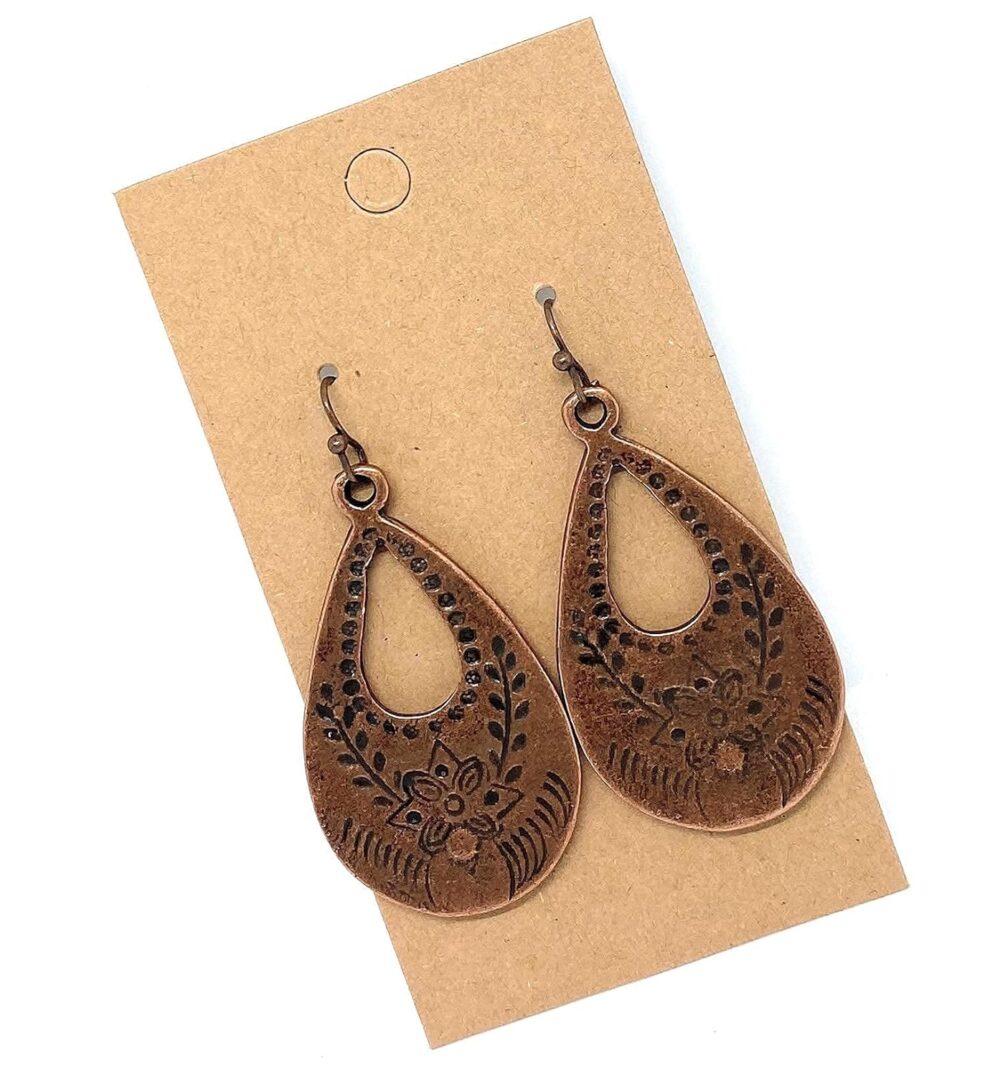 Floral Stamped Teardrop Dangle Copper Earrings - Image 5