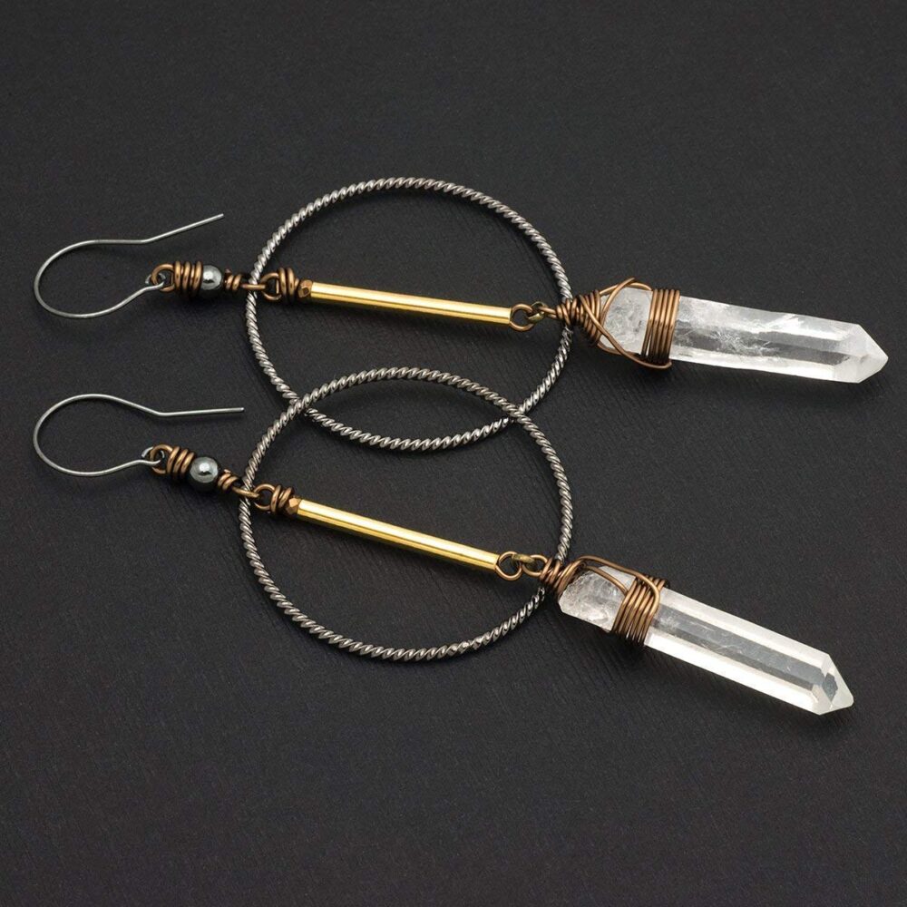 Clear Quartz Crystal Point Sterling Silver and Metal Long Geometric Bohemian Earrings - Image 4