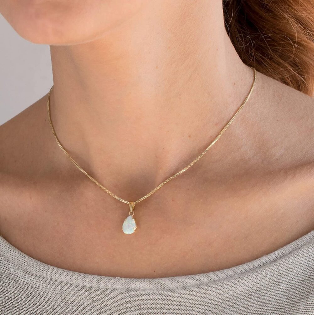 14K Gold White Opal Necklace - Dainty Pear-Shape Teardrop Pendant, 7x10mm 14K Solid Yellow Gold Necklace, October Birthstone Opal Gemstone - Handmade Bridal Wedding Jewelry for Brides and Classy Women - Image 4