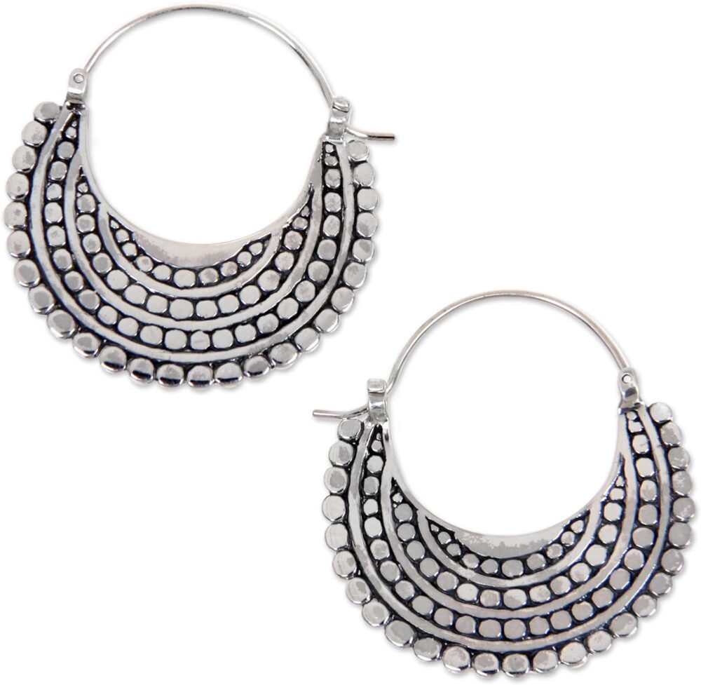 NOVICA Artisan Handmade .925 Sterling Silver Hoop Earrings Artisan Crafted Style Statement Indonesia Bohemian Moon Balinese Traditional 'Moon Sliver'