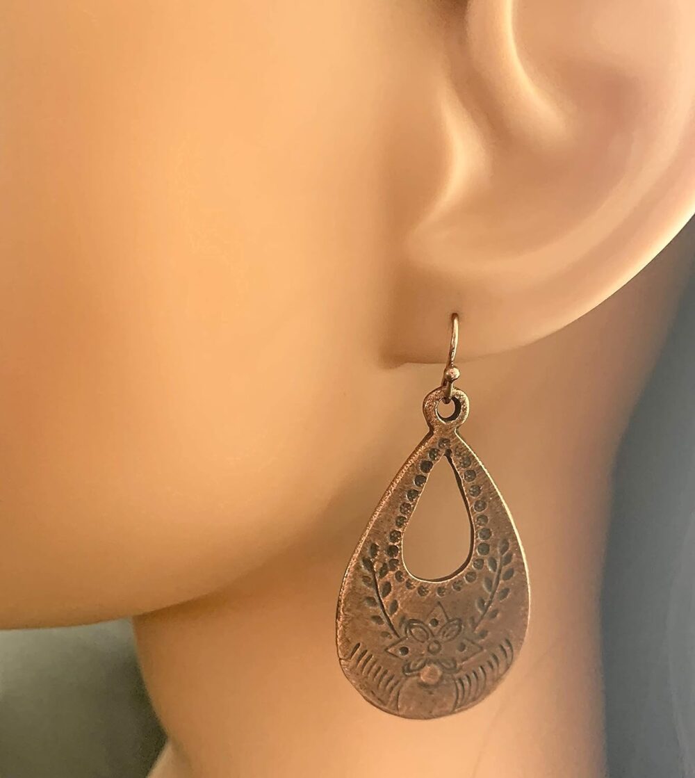 Floral Stamped Teardrop Dangle Copper Earrings - Image 2