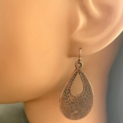 Floral Stamped Teardrop Dangle Copper Earrings - Image 2