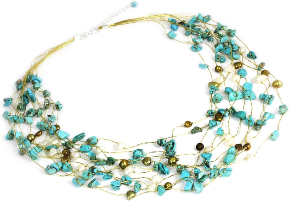 Handmade Cultured Freshwater Pearl Necklace Beaded Turquoise Silver Plated Brass Silk Magnesite Blue Thailand - Image 2