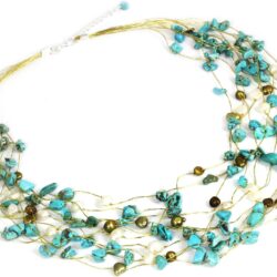 Handmade Cultured Freshwater Pearl Necklace Beaded Turquoise Silver Plated Brass Silk Magnesite Blue Thailand - Image 2