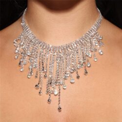 YERTTER Sparkle Silver Full Tennis Rhinestone Fringe Chain Adjustable Collar Luxury Tassel Crystal Statement Clavicle Choker Necklace for Wedding Women Girls （Silver 3）