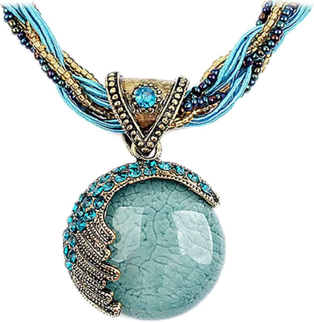 Harlorki Women Lady Retro Vintage Bohemian Style Twist Woven Rope Chain Turquoise Rhinestone Pendant Collar Necklace Fashion Jewelry