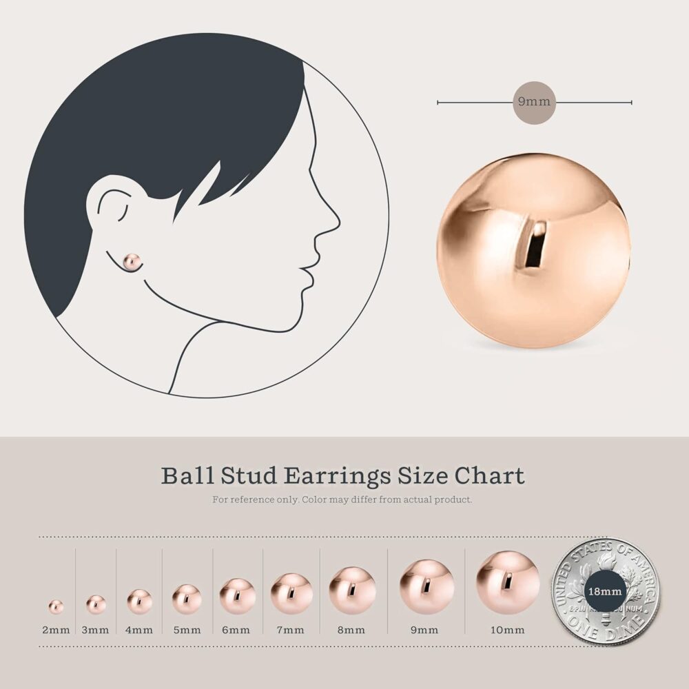 KEZEF Sterling Silver Ball Stud Earrings for Women - Hypoallergenic Lightweight Stud Earrings for Women | 2mm-16mm Ball Earrings in 14K Gold, Rose Gold or 925 Sterling Silver - Image 4