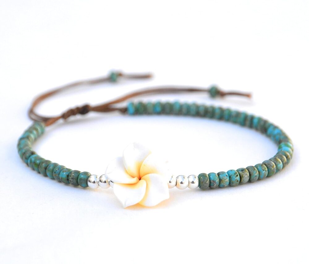 Boho Beaded Anklet for Women and Teen Girls, Unique Bohemian Turquoise and Sterling Silver Beaded Anklet with Hawaii Hawaiian Plumeria Flower, Handmade by Tribes - Image 7