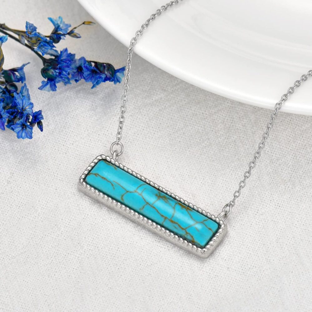 Natural Turquoise/Larimar Necklace 925 Sterling Silver Minimalist Horizontal Bar Pendant Genuine Gemstone Dainty Jewelry Gifts for Women Girls - Image 2