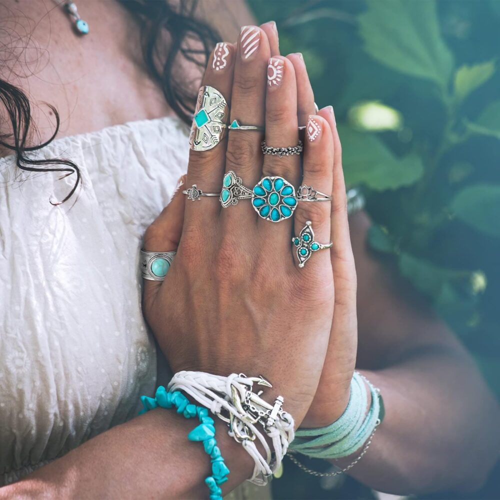 78 Pcs Vintage Turquoise Rings Set Women Western Bohemian Silver Oval Gemstone Boho Joint Knuckle Midi Stacking for and Girls - Image 6