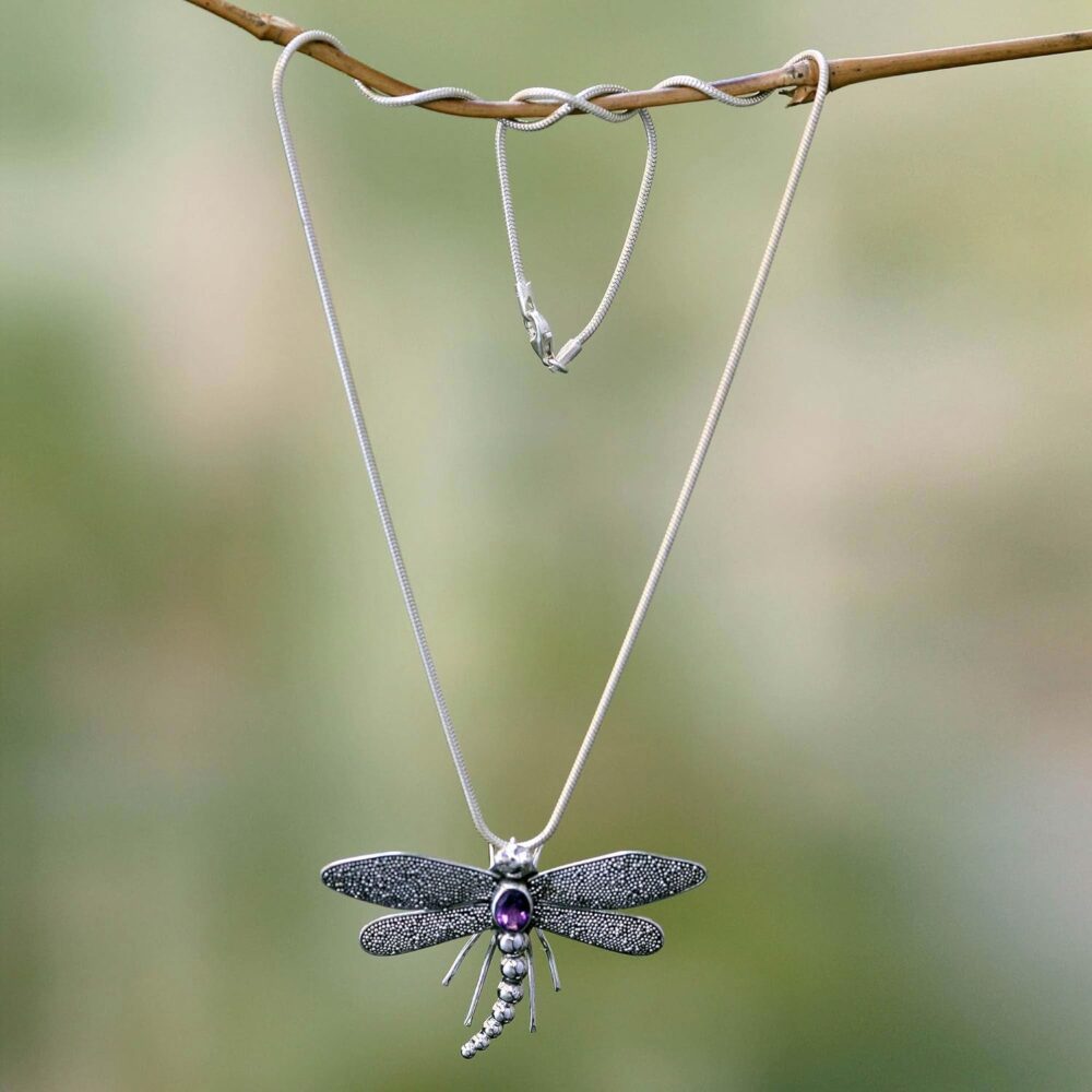 Artisan Handmade Amethyst Pendant Necklace Sterling Silver Purple Animal Themed Birthstone Balinese Dragonfly - Image 2