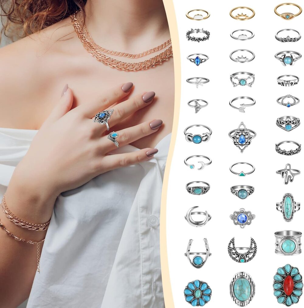 78 Pcs Vintage Turquoise Rings Set Women Western Bohemian Silver Oval Gemstone Boho Joint Knuckle Midi Stacking for and Girls - Image 5