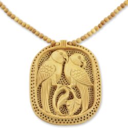 Handmade Wood Pendant Necklace, Beaded from India, Animal Themed Jali Parrot Romance