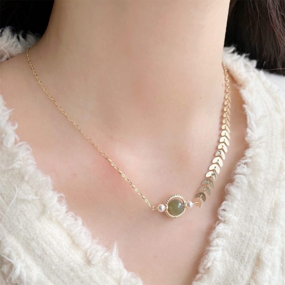 Handmade Hetian Jade Necklace for Women, Crystal Pearl Green Jade Choker Pendant - Gift for Friends, Mother, Lover (925 Sterling Silver with Real Gold Plated) - Image 5