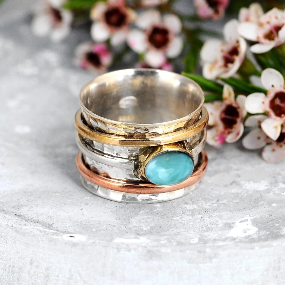 Boho-Magic 925 Sterling Silver Spinner Larimar Ring for Women with Copper and Brass Fidget Rings Bands - Image 4